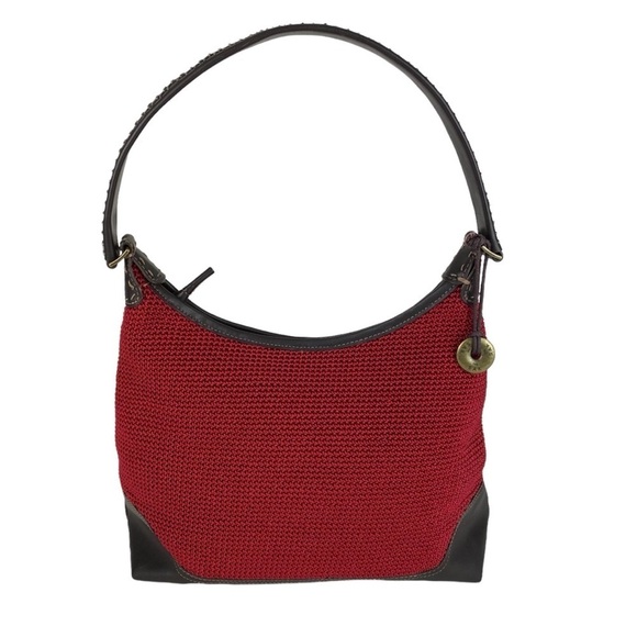 The Sak Red Shoulder Bag Crocheted Brown Faux Leather Hang Tag Charm - Picture 1 of 10